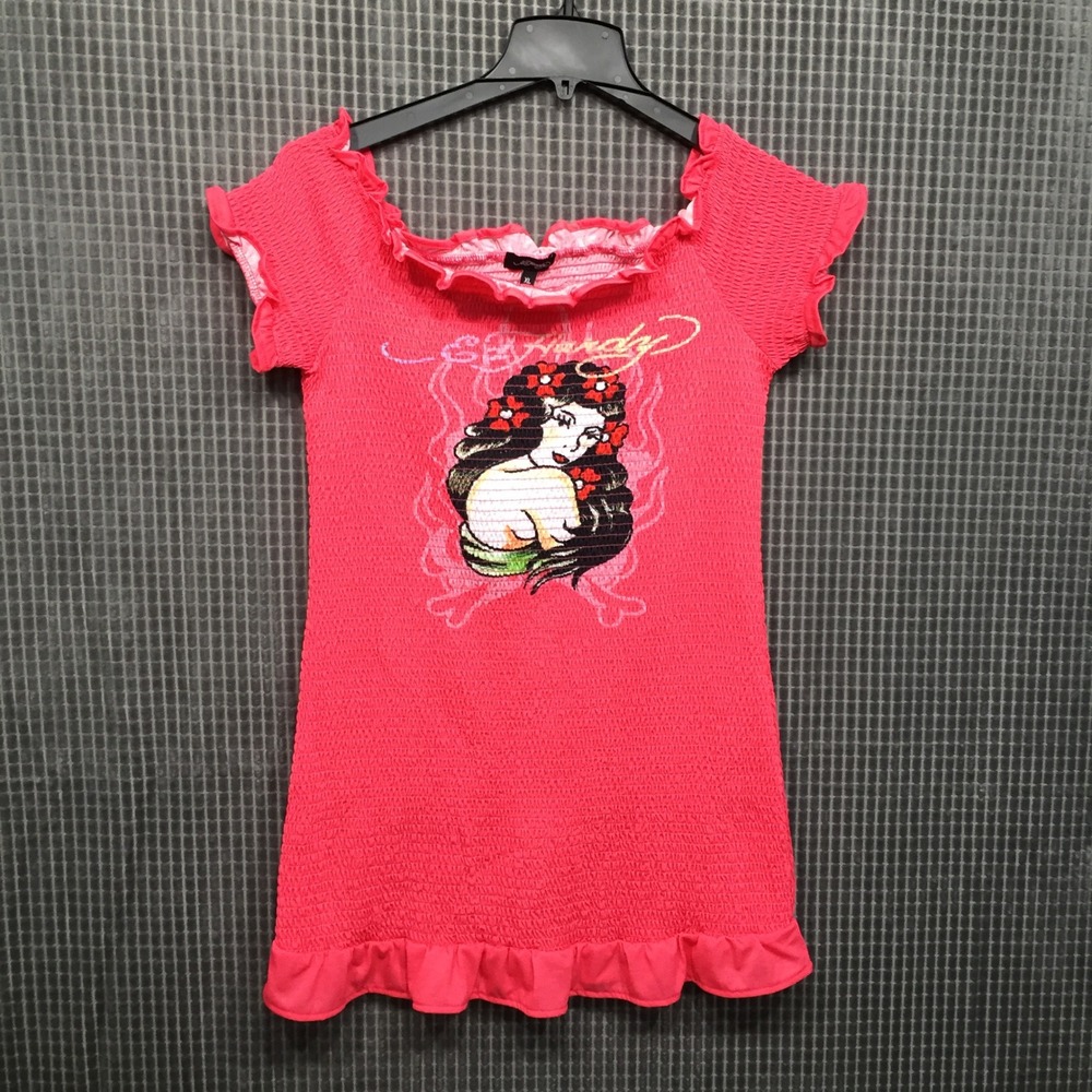 Ed Hardy Womens Smocked Top Geisha Tattoo Graphic XL Pink